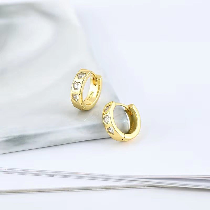 18K Gold Filled Huggies Set Heart Shaped Stones