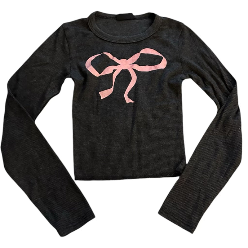 Firehouse Pink Bow Ribbed Tee - Heather Black