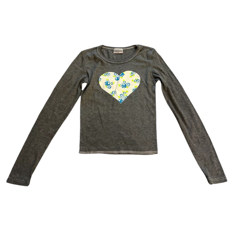 Firehouse Ditsy Floral Heart Ribbed Tee - Heather Grey