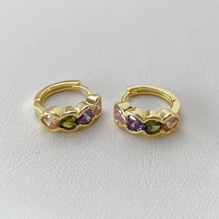 925 Silver And Gold Plated Set Colourful Zircon Heart Hoop Earrings