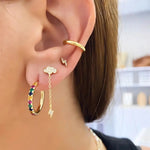 Gold Plated Set Chain Tassel Cloud W/ Bolt Earrings